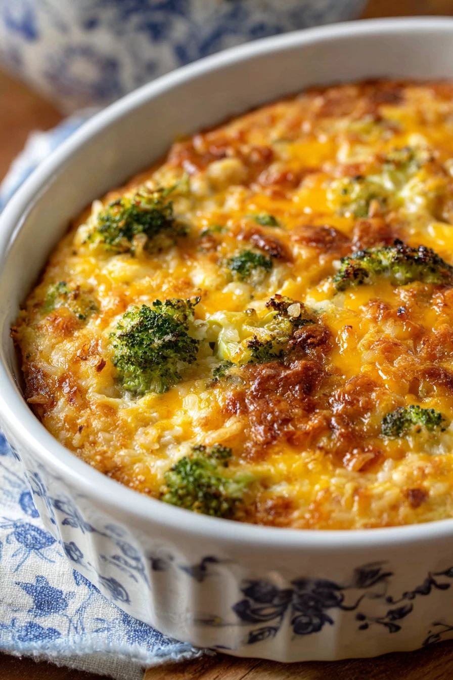Broccoli casserole, rice, Velveeta cheese, creamy, savory, delicious