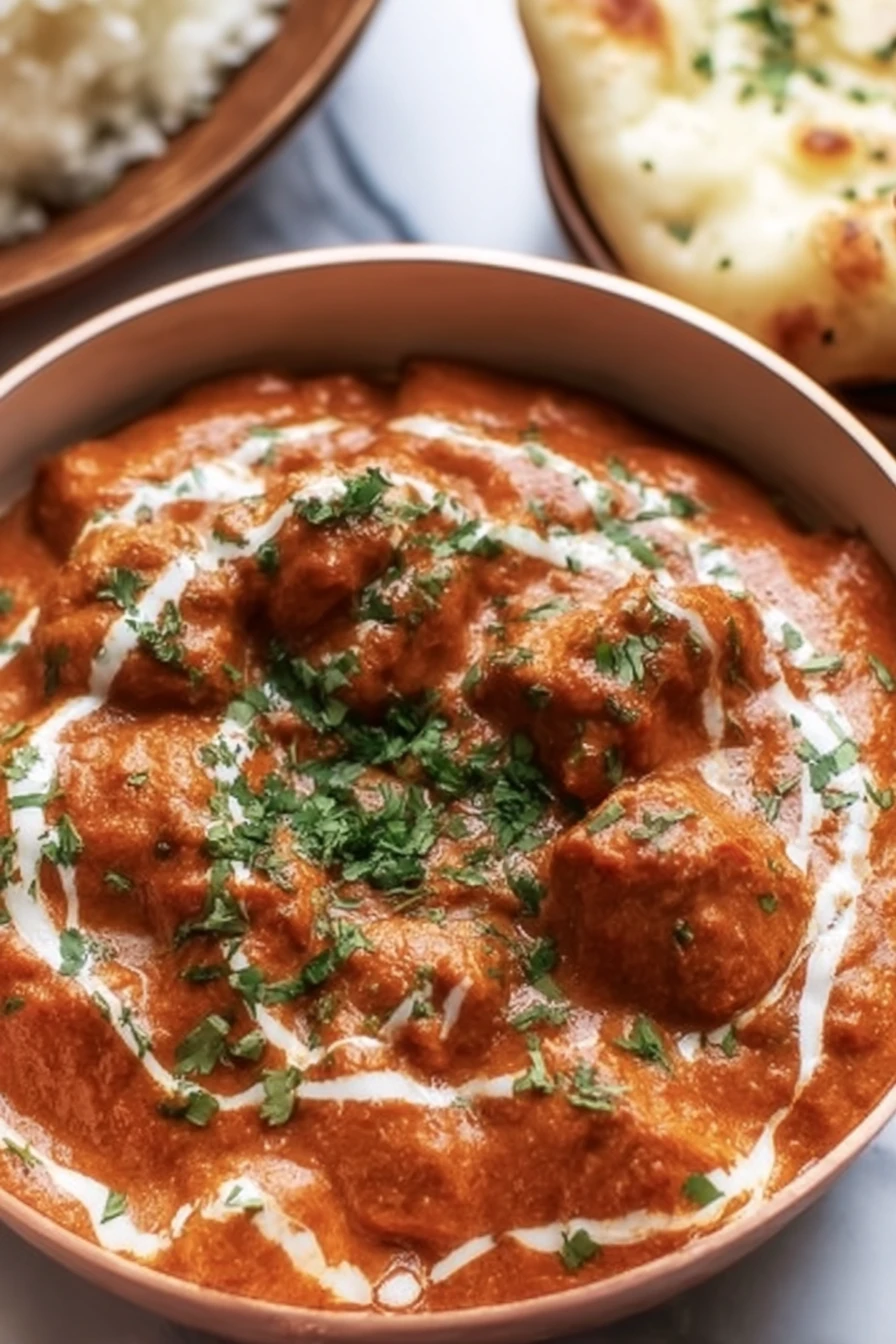 butter chicken, spicy Indian dish, creamy tomato sauce, tender chicken, aromatic spices