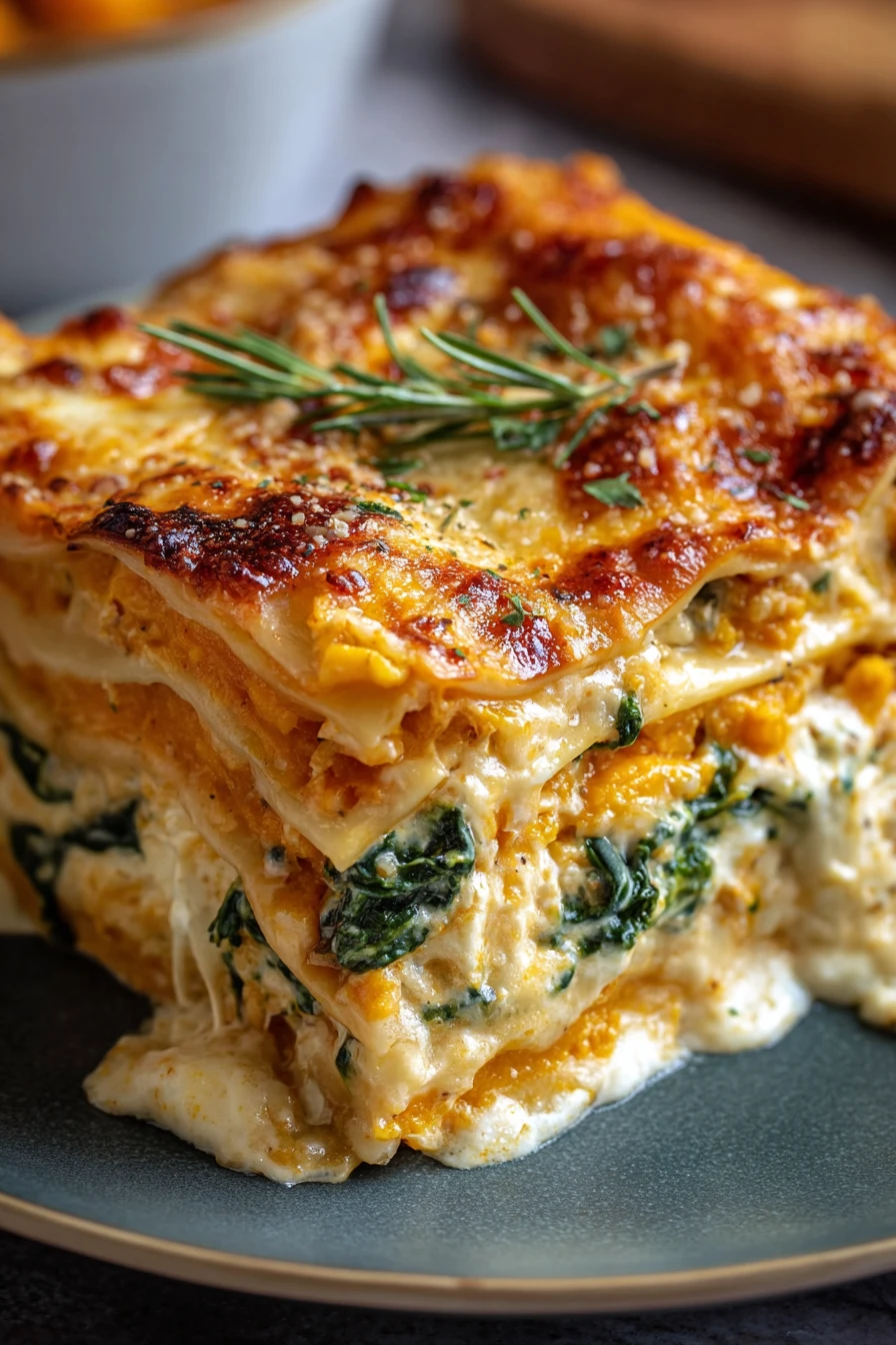 butternut squash, spinach, lasagna, savory, creamy, layers, delicious, vegetarian