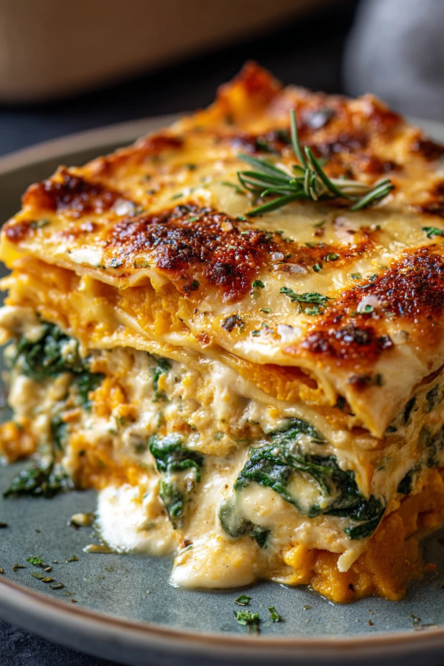butternut squash, spinach, lasagna, savory, creamy, layers, delicious, vegetarian