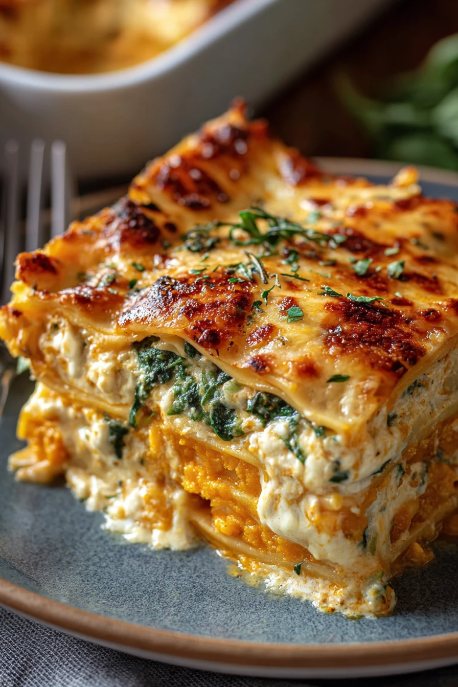 butternut squash, spinach, lasagna, savory, creamy, layers, delicious, vegetarian