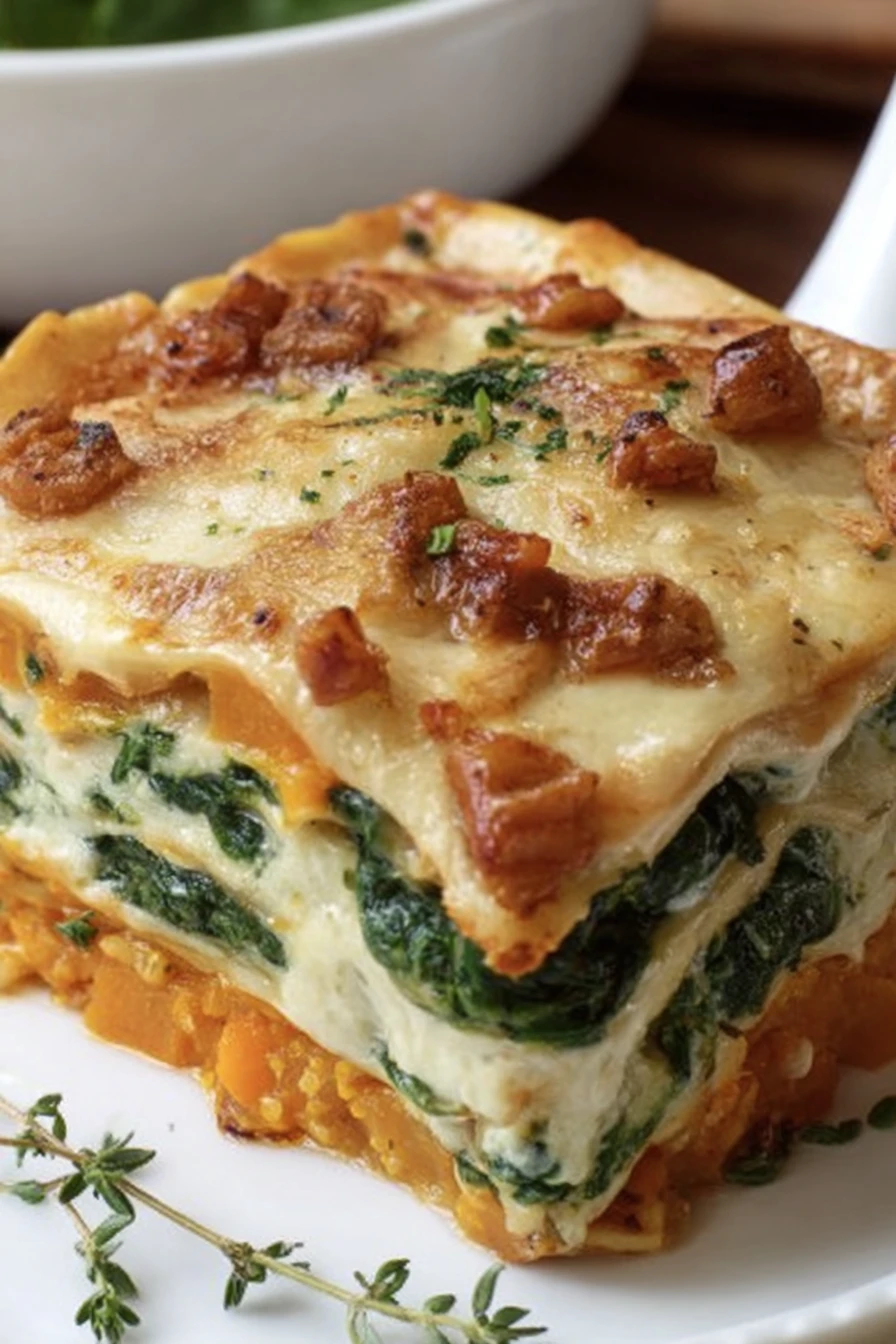butternut squash, spinach, lasagna, savory, cheesy, hearty, delicious