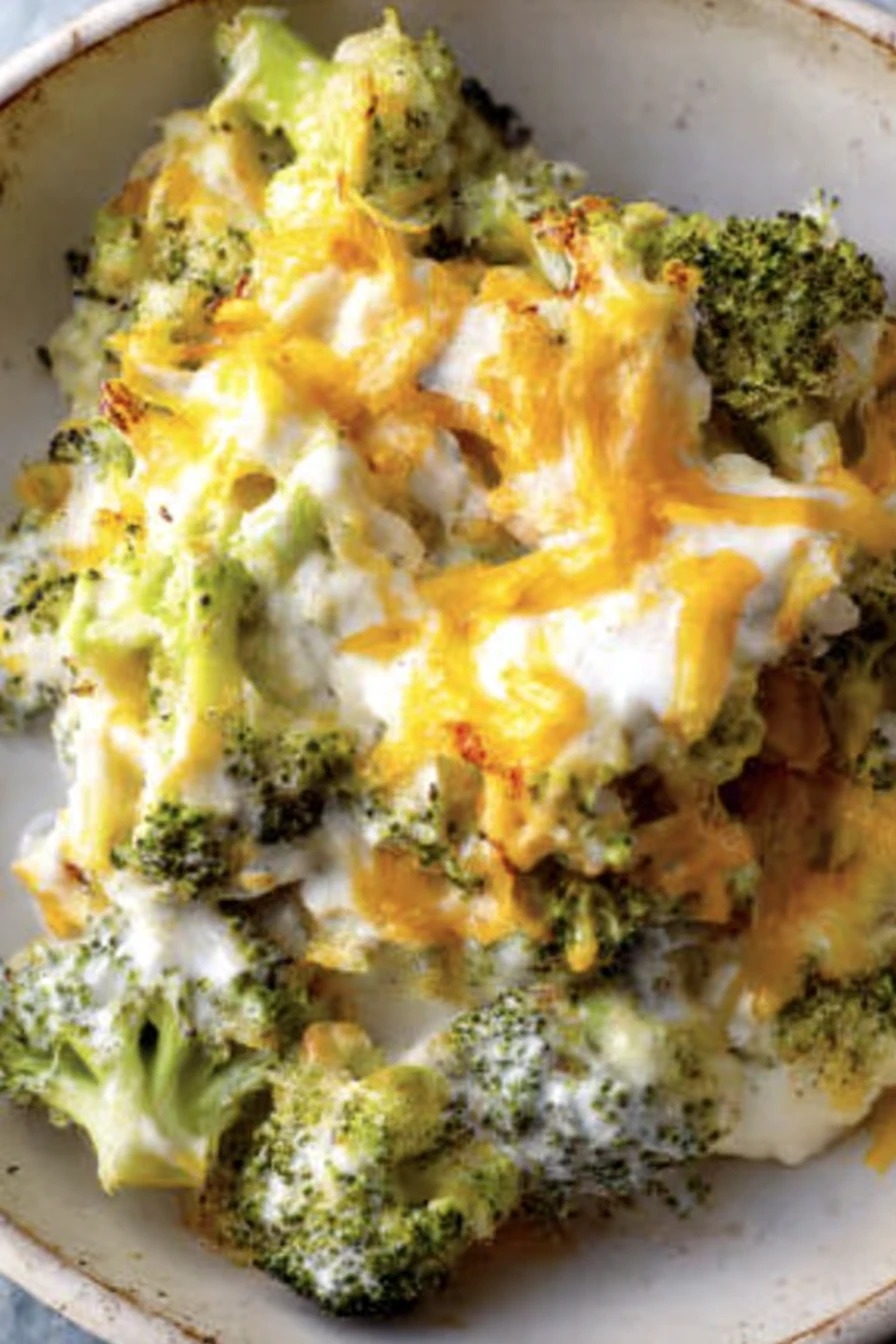 cheesy broccoli casserole, creamy, savory, baked, comfort food, delicious