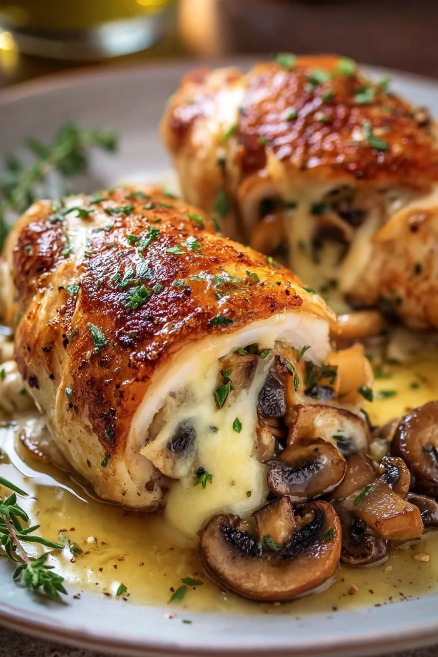 cheesy garlic butter, mushroom stuffed chicken, savory, flavorful, delicious