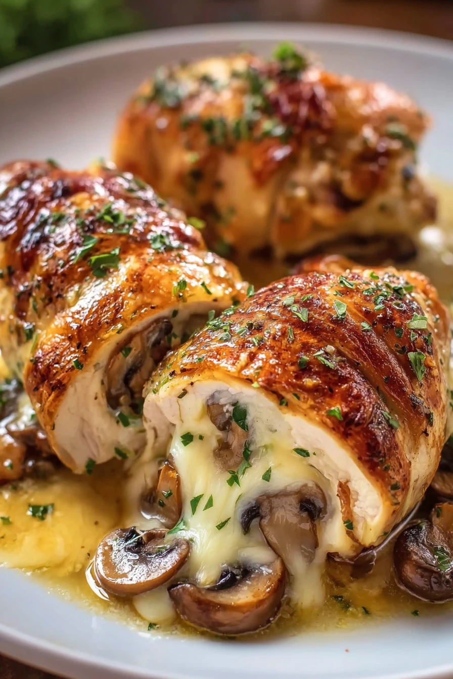 cheesy garlic butter, mushroom stuffed chicken, savory, flavorful, delicious