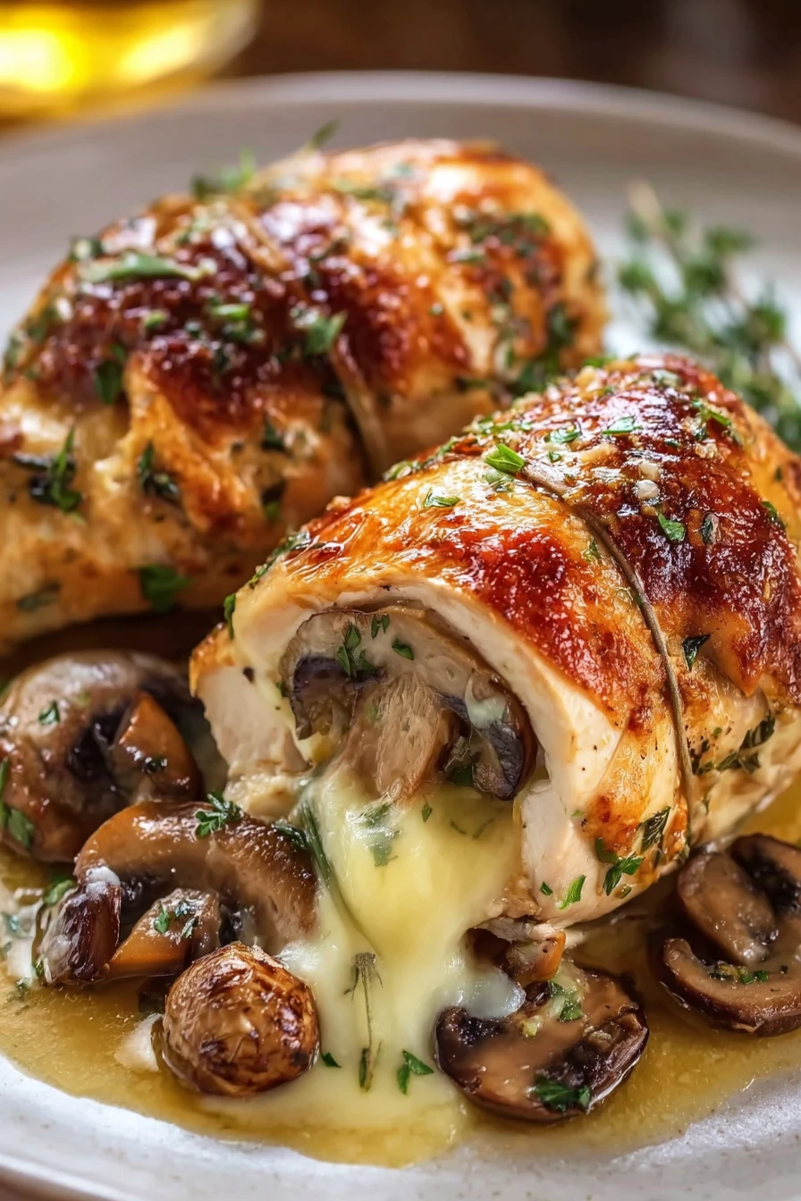 cheesy garlic butter, mushroom stuffed chicken, savory, flavorful, delicious