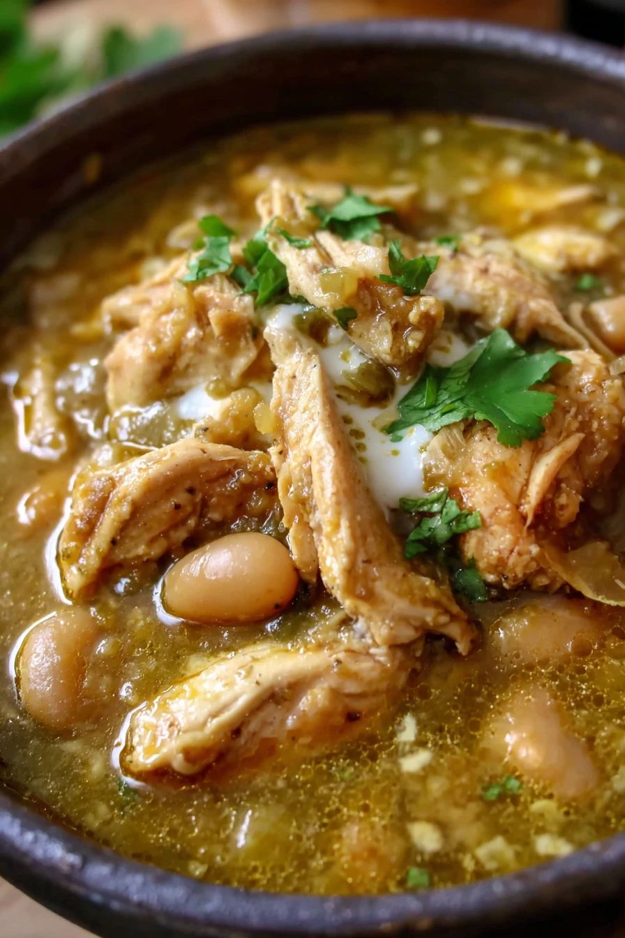 chicken chile verde stew, hearty, flavorful, tender chicken, spicy, green chili sauce