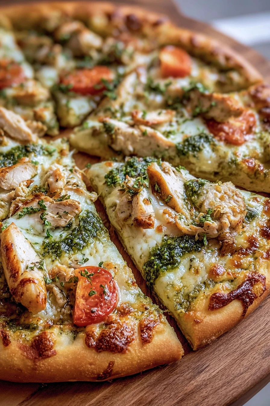 Chicken Pesto Pizza, savory, mouthwatering, cheesy, flavorful, fresh basil, crispy crust