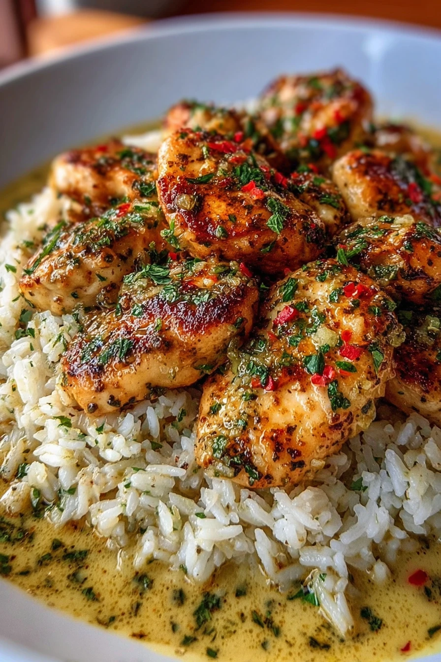 Chicken Scampi, Creamy Garlic Parmesan Rice, savory, aromatic, delicious