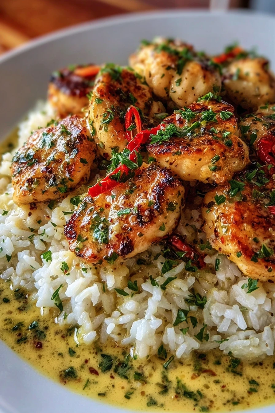 Chicken Scampi, Creamy Garlic Parmesan Rice, savory, aromatic, delicious