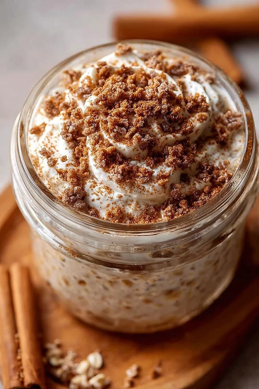 cinnamon roll overnight oats, delicious breakfast, sweet and creamy, aromatic cinnamon swirl