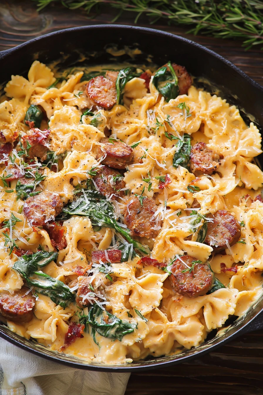 creamy acorn squash pasta, sausage, spinach, savory, hearty, delicious, comforting
