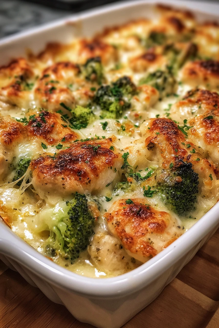 creamy chicken broccoli bake, cheesy, flavorful, baked casserole, comforting