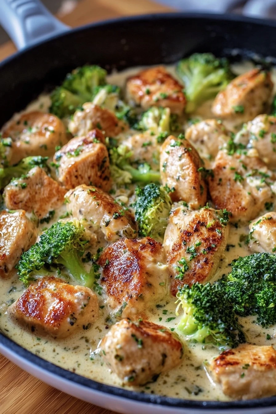 creamy garlic chicken, broccoli skillet, savory, flavorful, delicious
