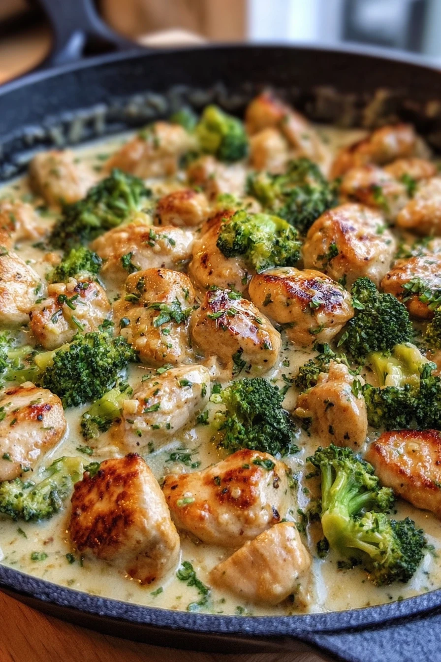 creamy garlic chicken, broccoli skillet, savory, flavorful, delicious