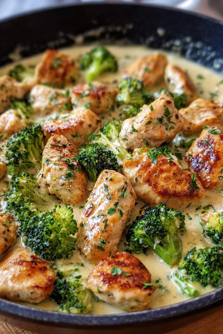 creamy garlic chicken, broccoli skillet, savory, flavorful, delicious