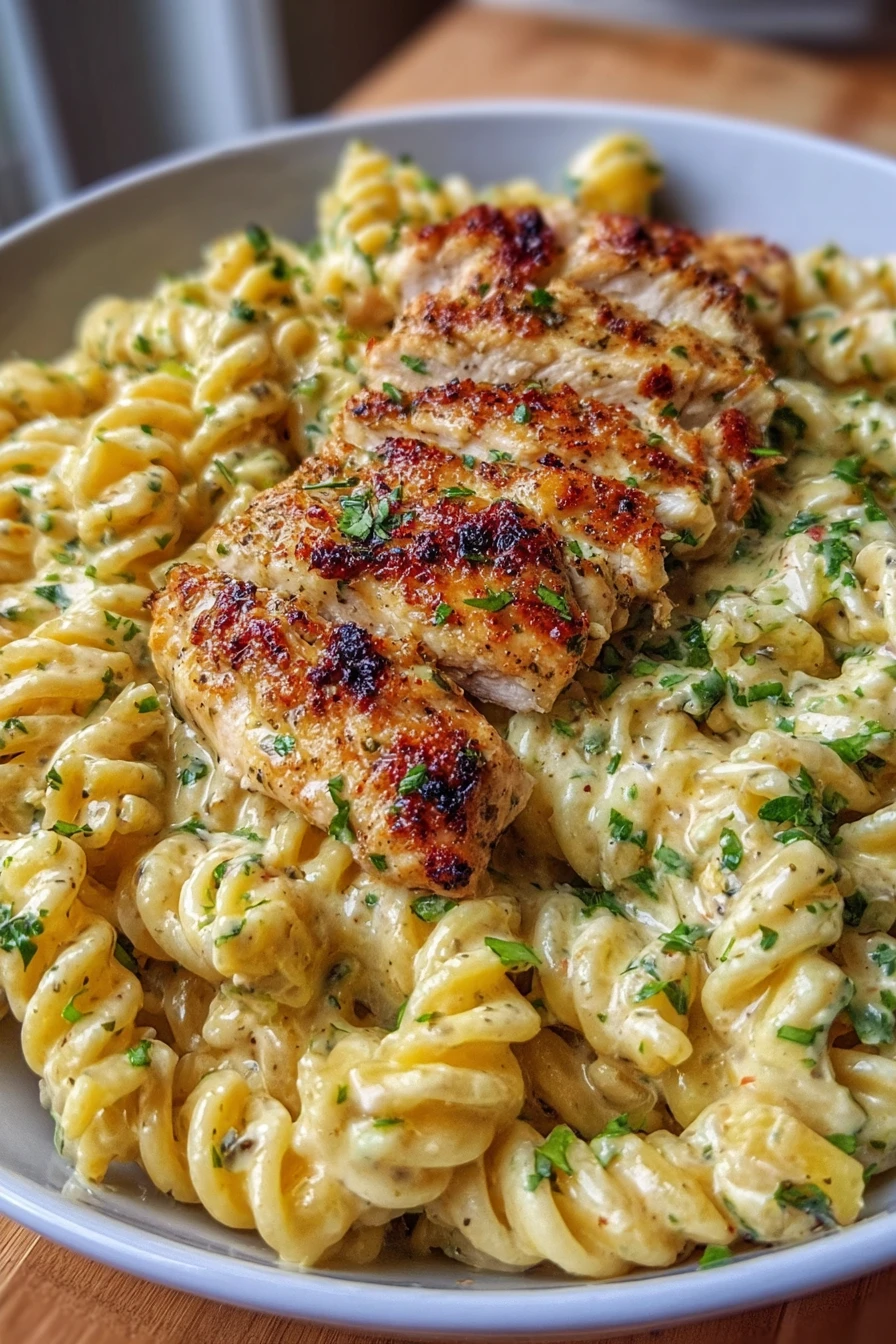 creamy garlic parmesan chicken pasta, savory, indulgent, flavorful, satisfying, delicious