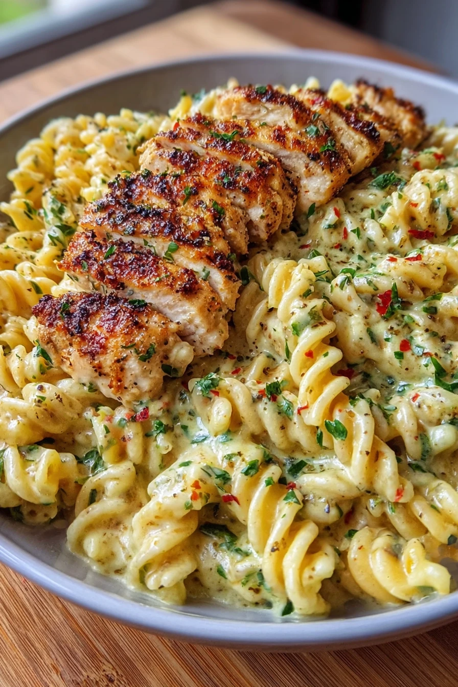creamy garlic parmesan chicken pasta, savory, indulgent, flavorful, satisfying, delicious