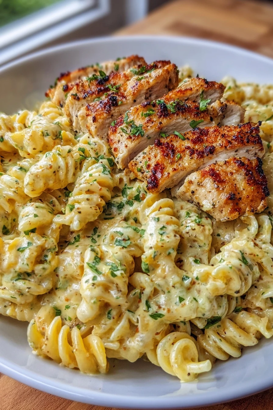 creamy garlic parmesan chicken pasta, savory, indulgent, flavorful, satisfying, delicious