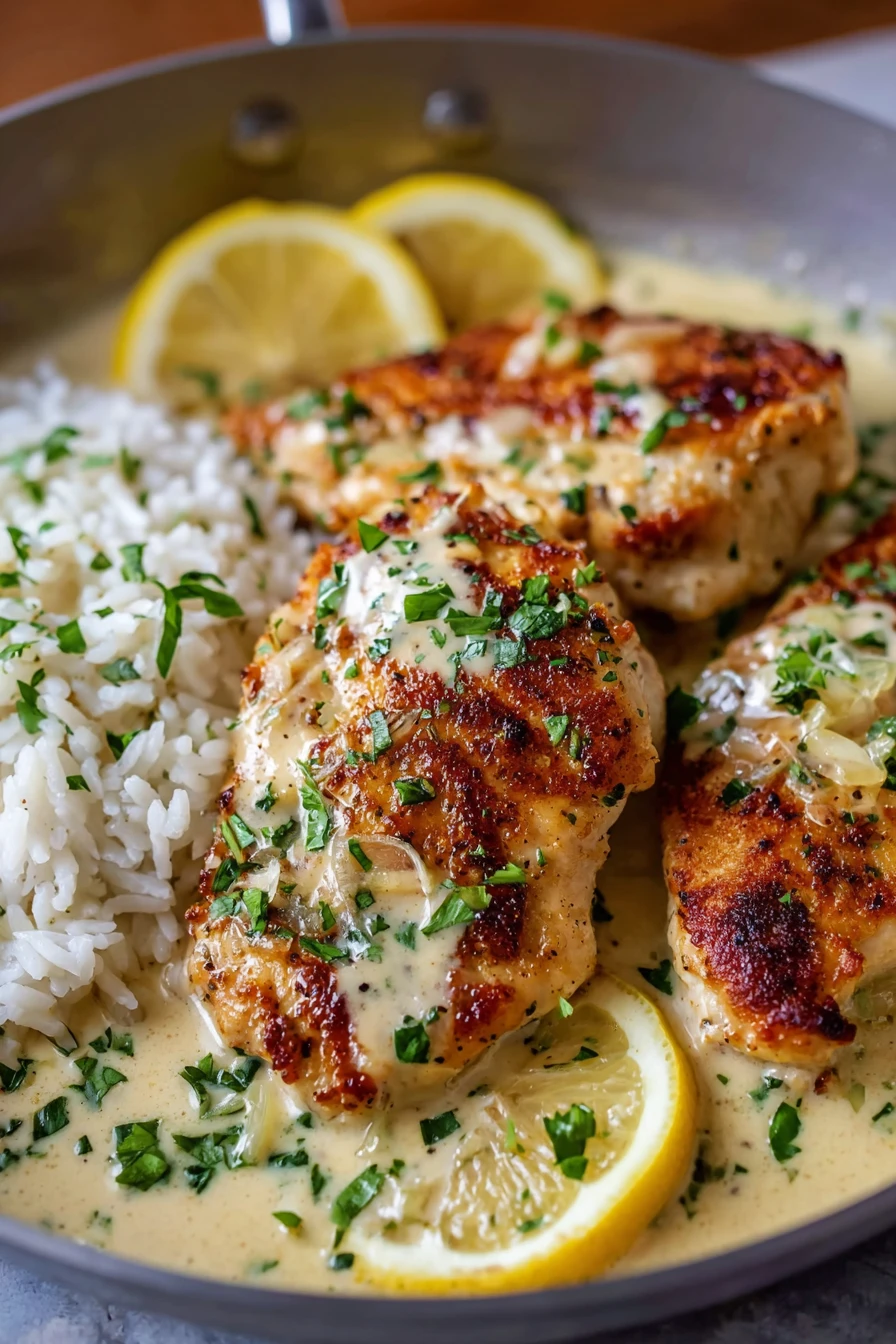 creamy lemon garlic chicken, savory, flavorful, juicy, zesty, aromatic herbs