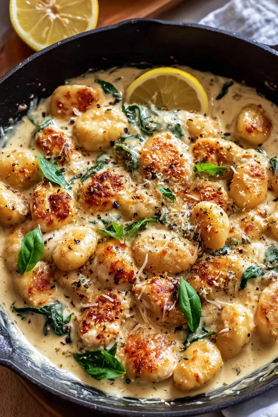 Creamy Lemon Garlic Chicken Gnocchi Skillet, savory, zesty, flavorful, skillet meal, comfort food