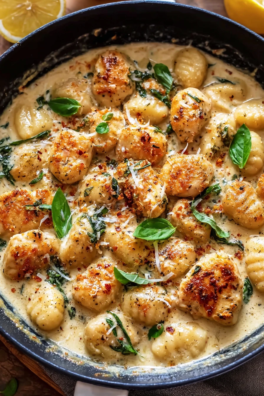 Creamy Lemon Garlic Chicken Gnocchi Skillet, savory, zesty, flavorful, skillet meal, comfort food