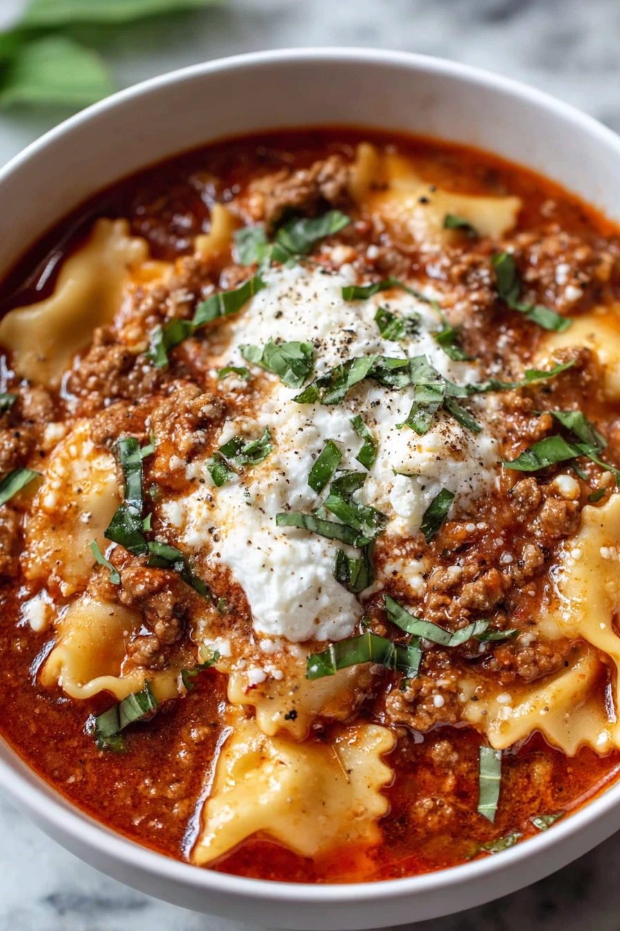 crockpot lasagna soup, hearty, comforting, cheesy, Italian flavors, savory broth