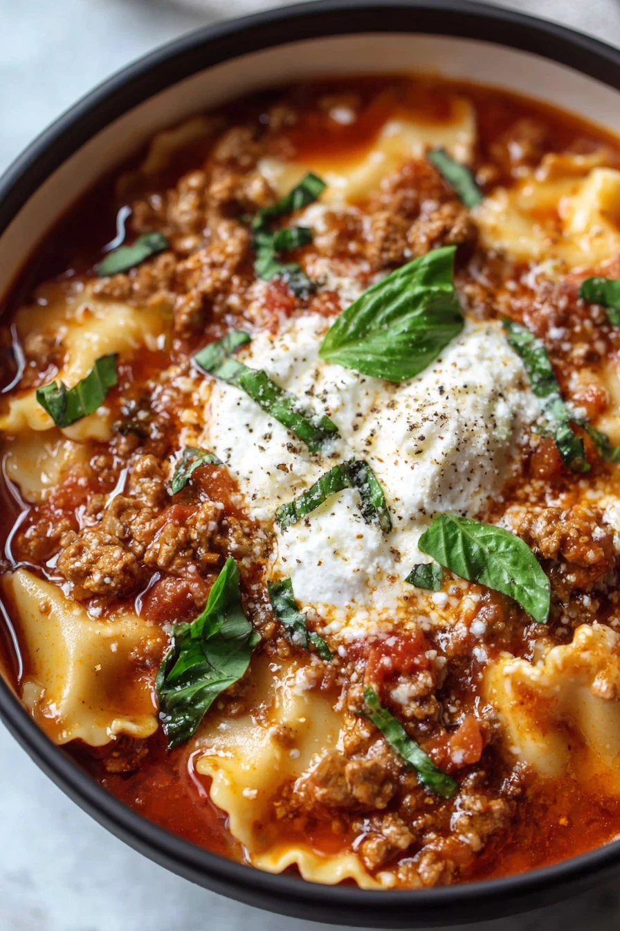 crockpot lasagna soup, hearty, comforting, cheesy, Italian flavors, savory broth