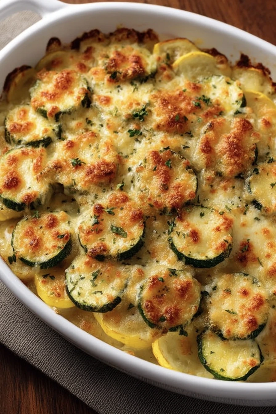 easy, cheesy zucchini, yellow squash, savory, delicious, baked dish