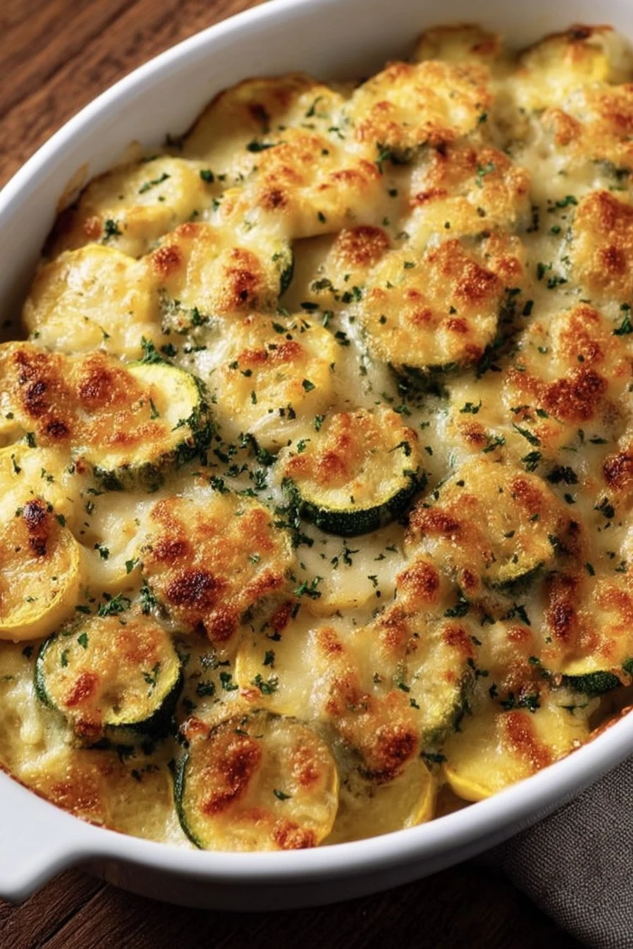 easy, cheesy zucchini, yellow squash, savory, delicious, baked dish