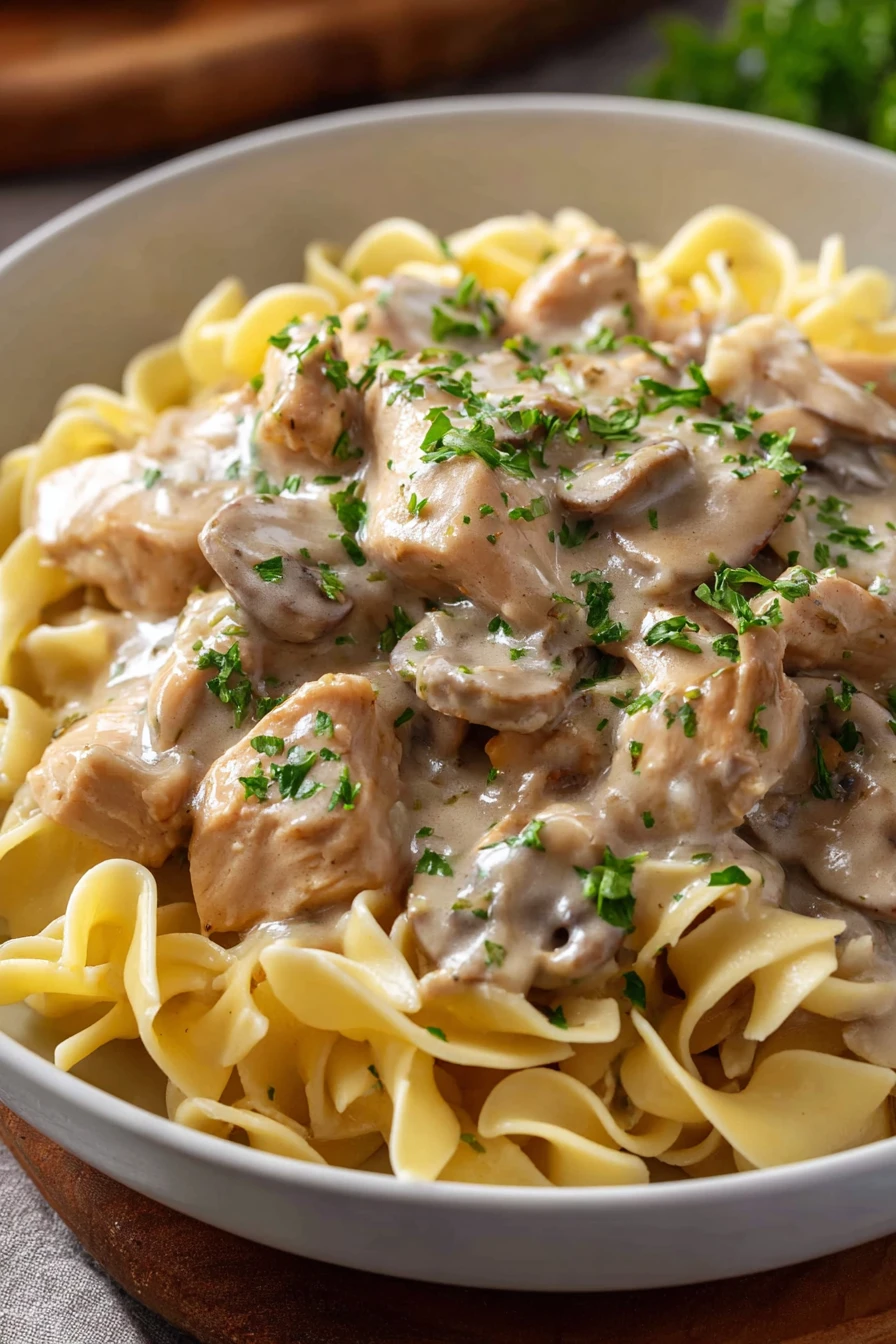 easy chicken stroganoff recipe, creamy sauce, tender chicken, savory mushrooms, flavorful dish