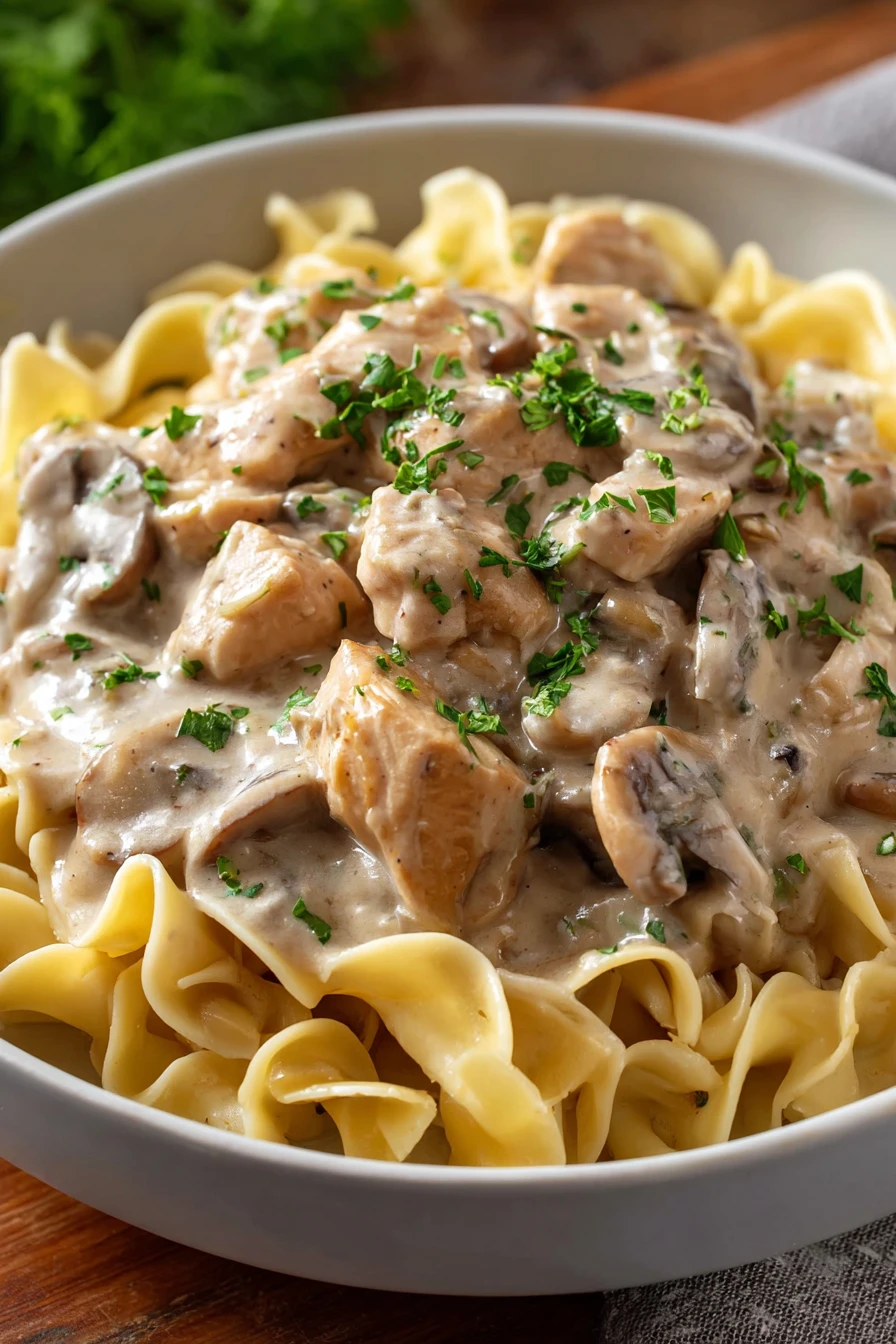 easy chicken stroganoff recipe, creamy sauce, tender chicken, savory mushrooms, flavorful dish
