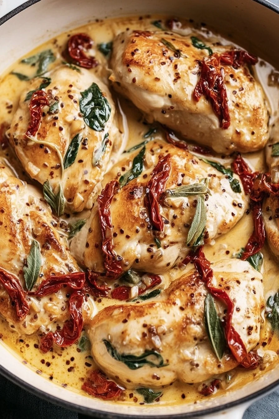 Creamy Tuscan Garlic Chicken Recipe, easy, flavorful, savory, delicious, creamy sauce, Italian herbs