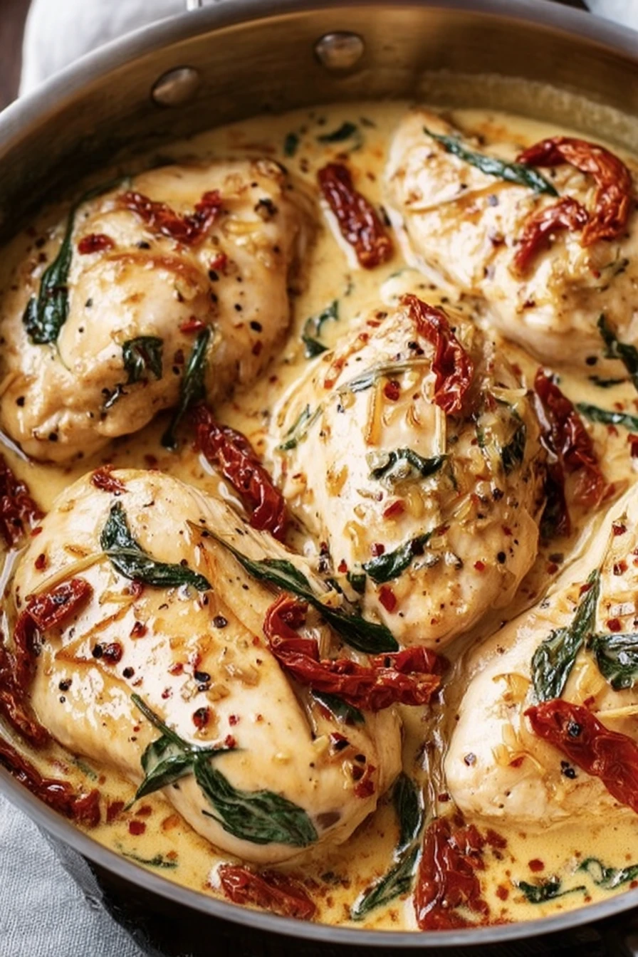Creamy Tuscan Garlic Chicken Recipe, easy, flavorful, savory, delicious, creamy sauce, Italian herbs