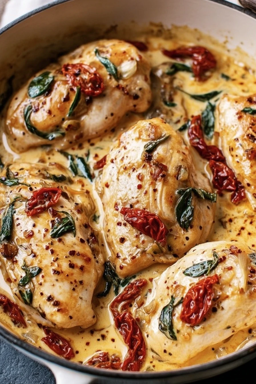 Creamy Tuscan Garlic Chicken Recipe, easy, flavorful, savory, delicious, creamy sauce, Italian herbs