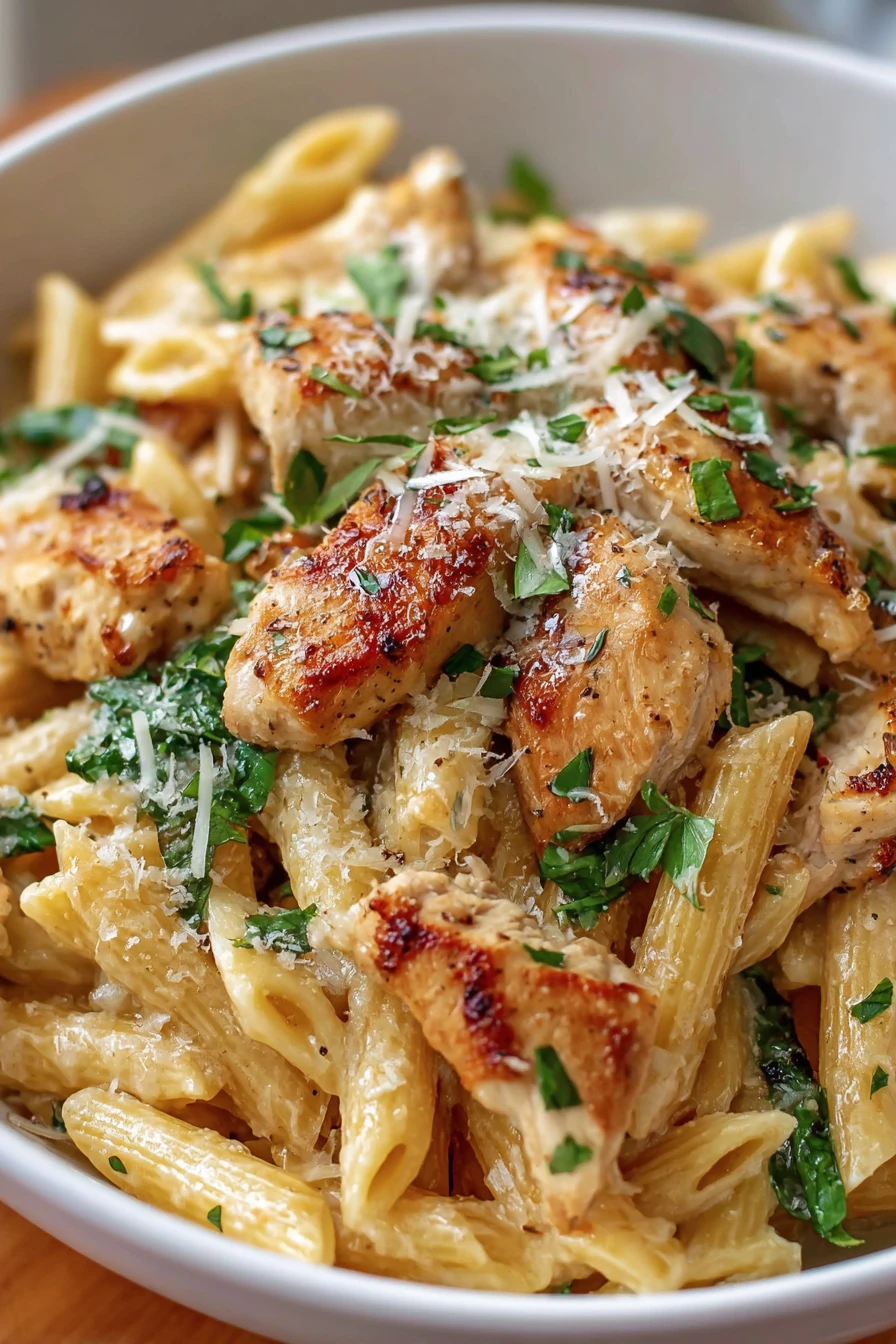 Easy, Garlic Parmesan Chicken Pasta Recipe, savory, creamy, flavorful, satisfying, delicious, comfort food
