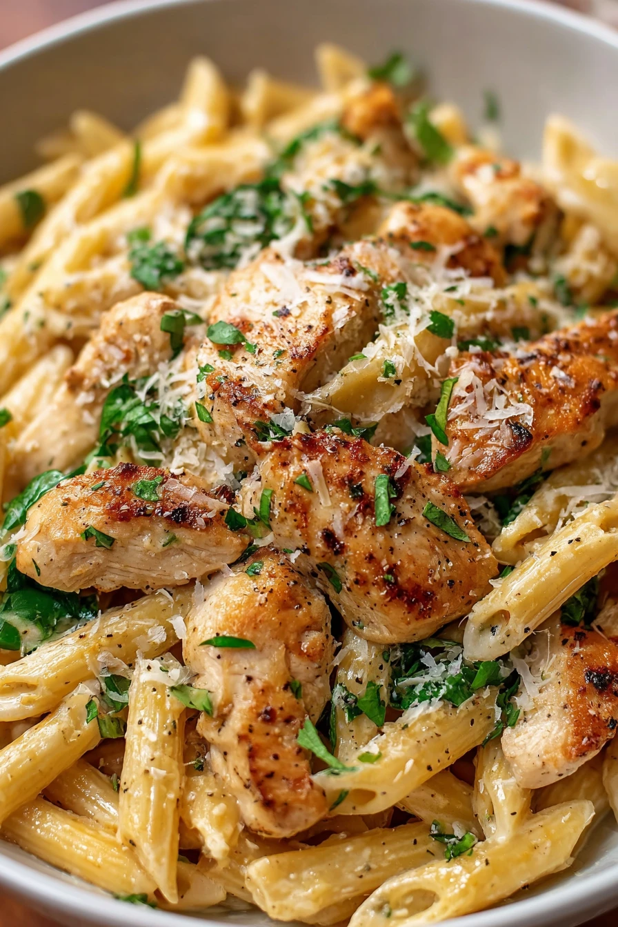 Easy, Garlic Parmesan Chicken Pasta Recipe, savory, creamy, flavorful, satisfying, delicious, comfort food