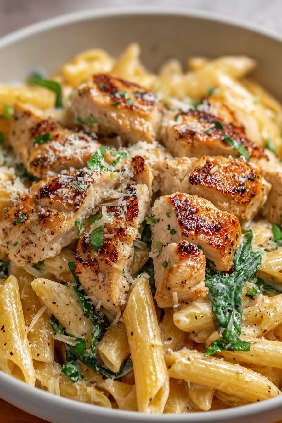 Easy, Garlic Parmesan Chicken Pasta Recipe, savory, creamy, flavorful, satisfying, delicious, comfort food