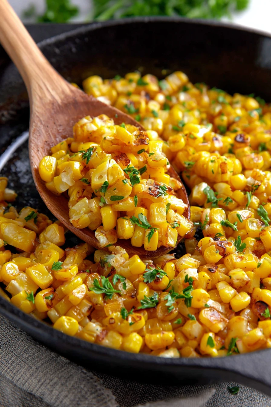easy skillet roasted corn, delicious summer side dish, savory, crispy, flavorful, golden brown