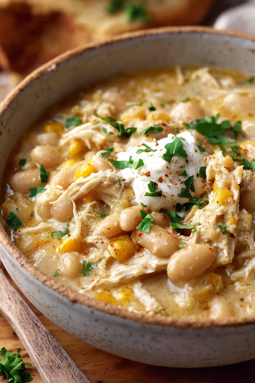 easy white chicken chili, creamy, hearty, comforting, flavorful, delicious, spicy, bowl of goodness
