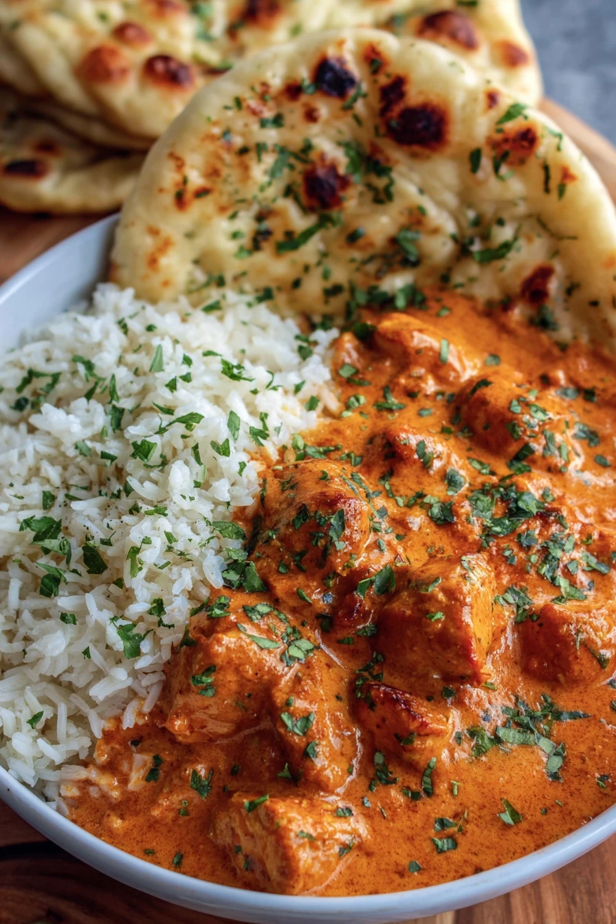 creamy homemade butter chicken, naan bread, easy recipe, flavorful spices