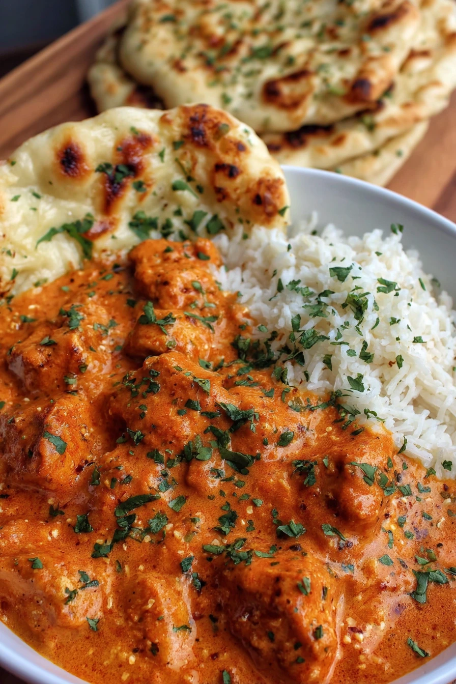 creamy homemade butter chicken, naan bread, easy recipe, flavorful spices
