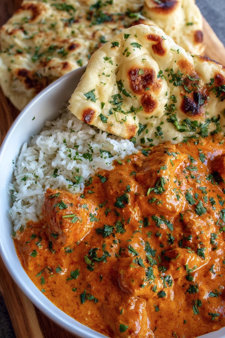 creamy homemade butter chicken, naan bread, easy recipe, flavorful spices