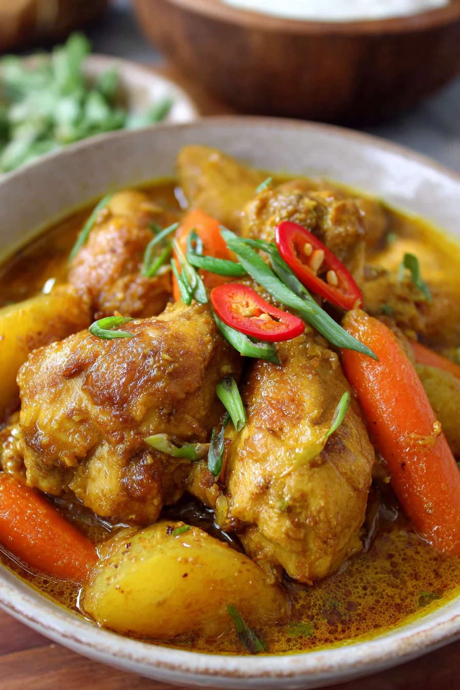 Filipino, chicken curry, coconut milk, savory, aromatic, creamy, flavorful