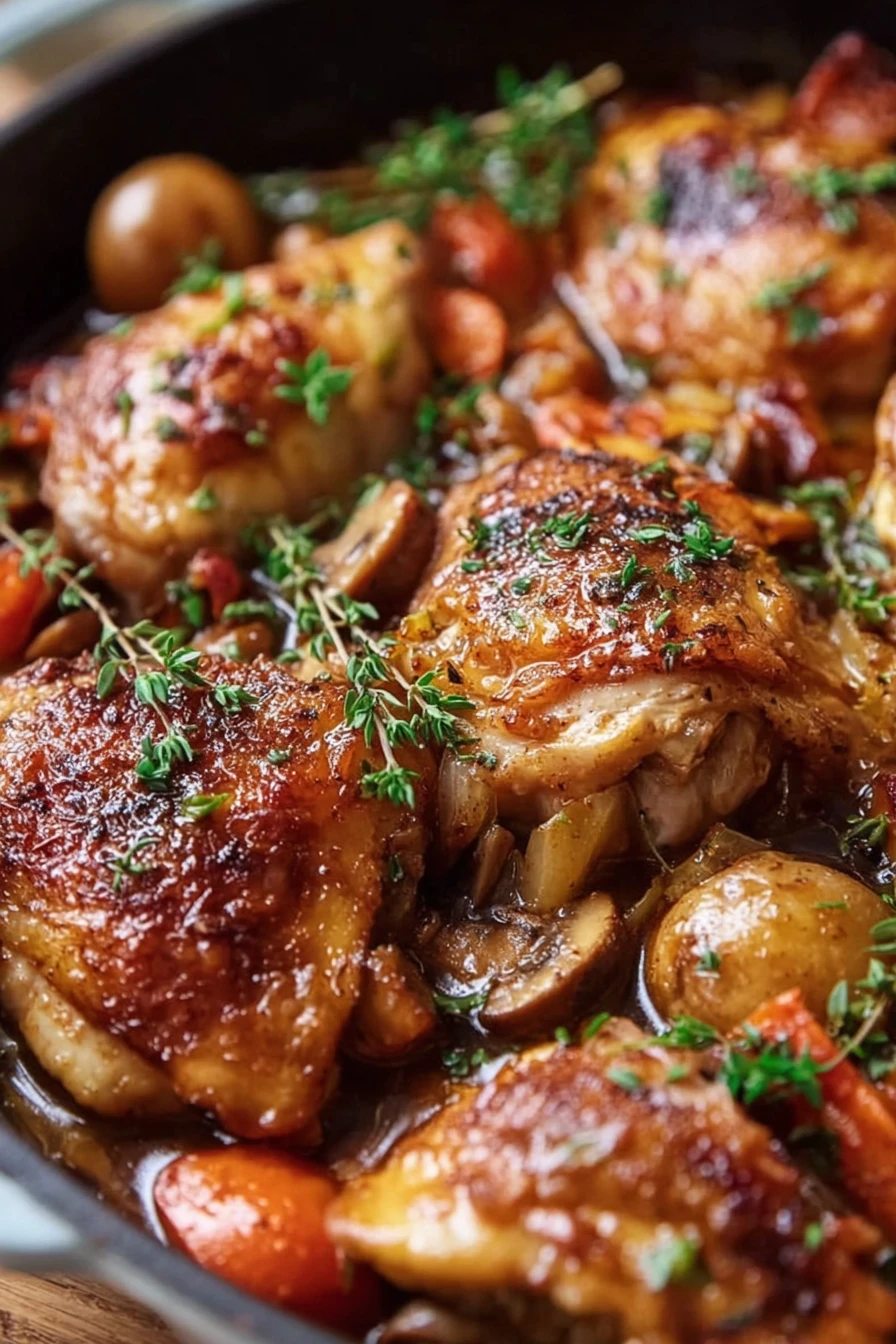 French Chicken Chasseur, savory, aromatic, tomato-based, herbed, tender chicken, flavorful sauce