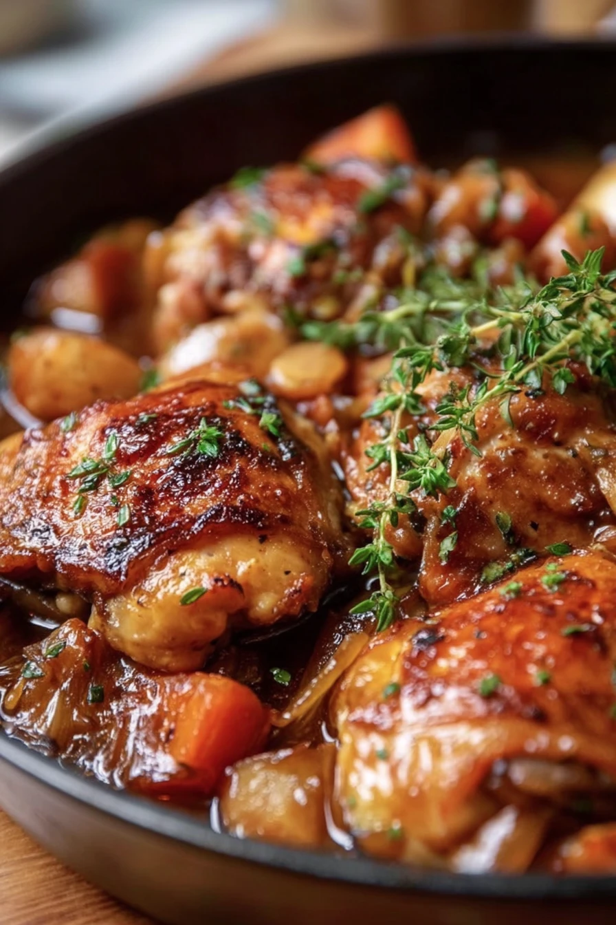 French Chicken Chasseur, savory, aromatic, tomato-based, herbed, tender chicken, flavorful sauce