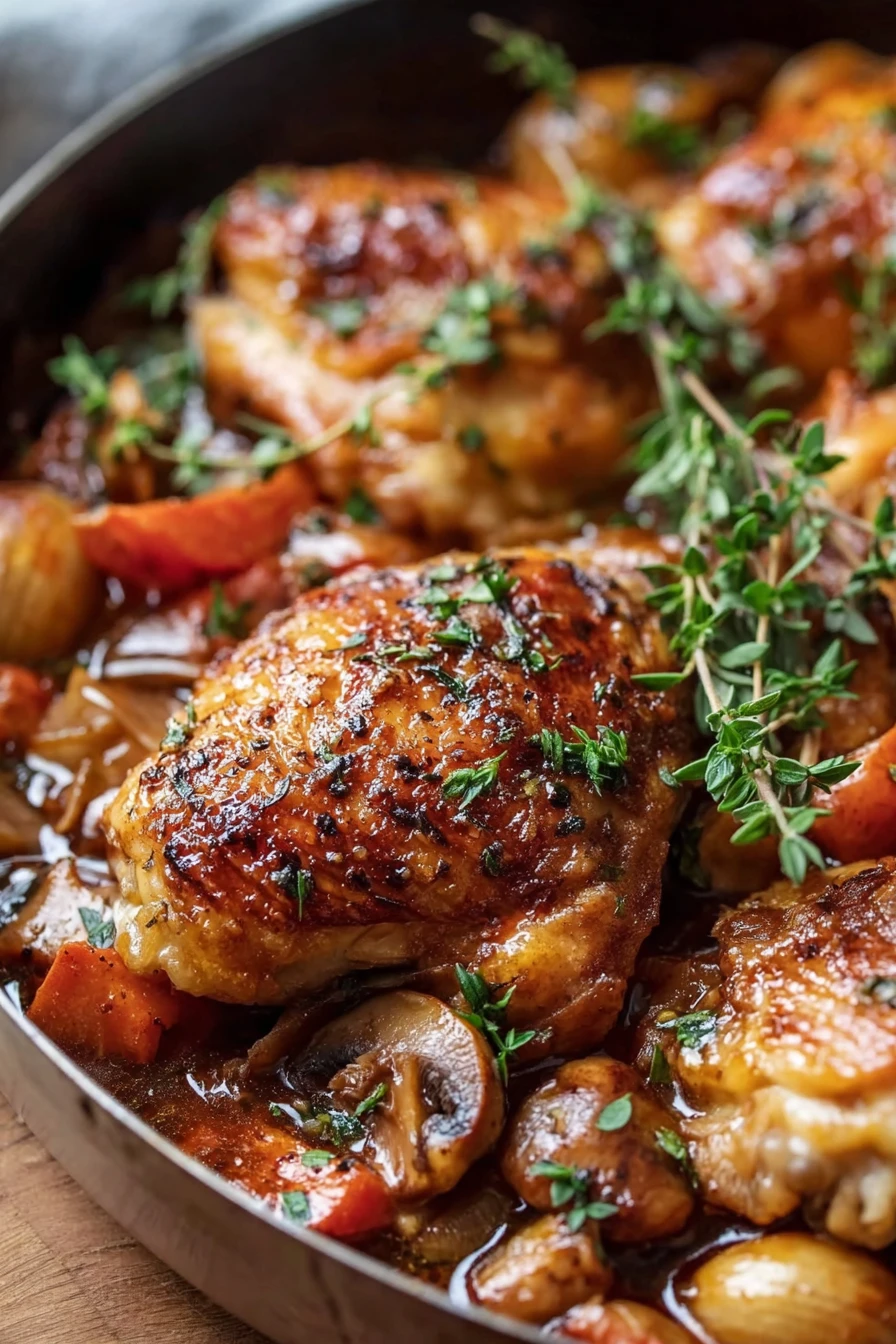 French Chicken Chasseur, savory, aromatic, tomato-based, herbed, tender chicken, flavorful sauce