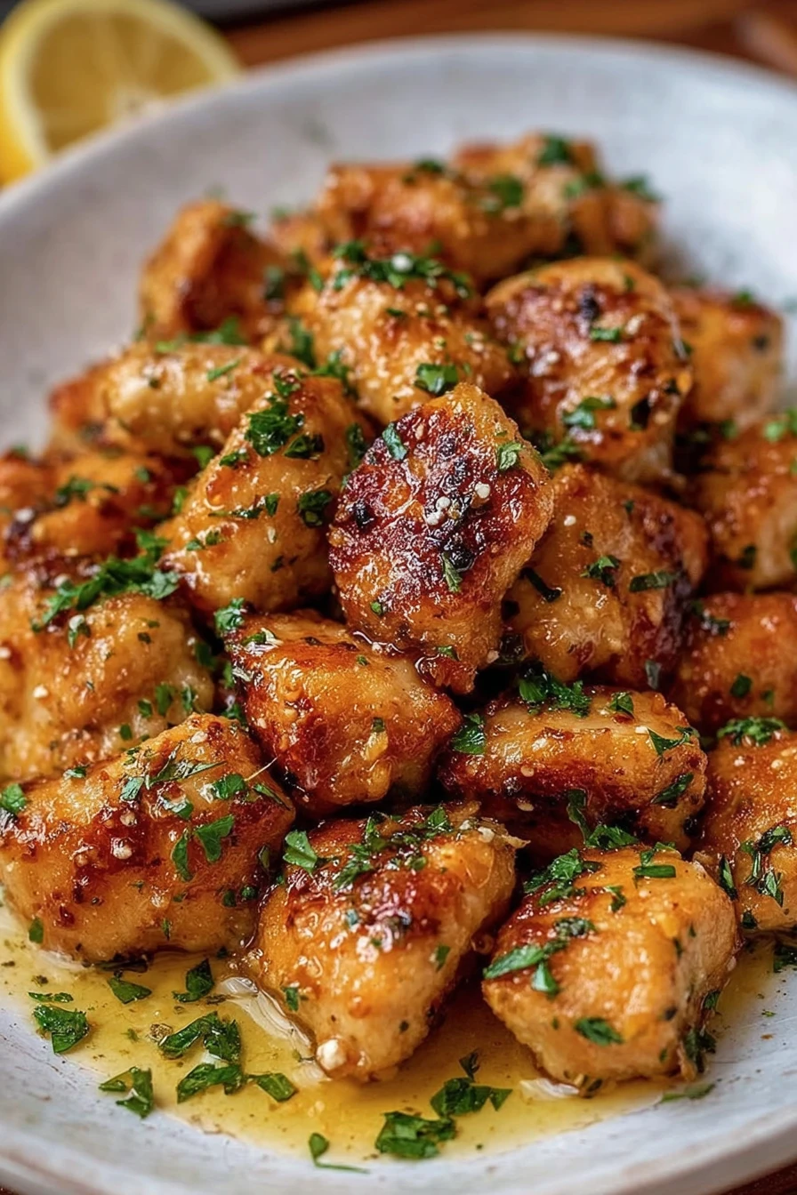 garlic butter chicken bites, savory, juicy, flavorful, crispy coating, delicious bite-sized appetizer