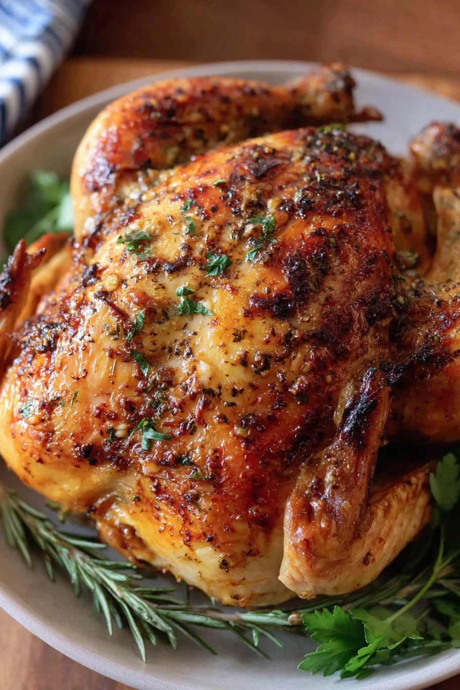garlic butter roast chicken, savory, juicy, flavorful, succulent, aromatic herbs