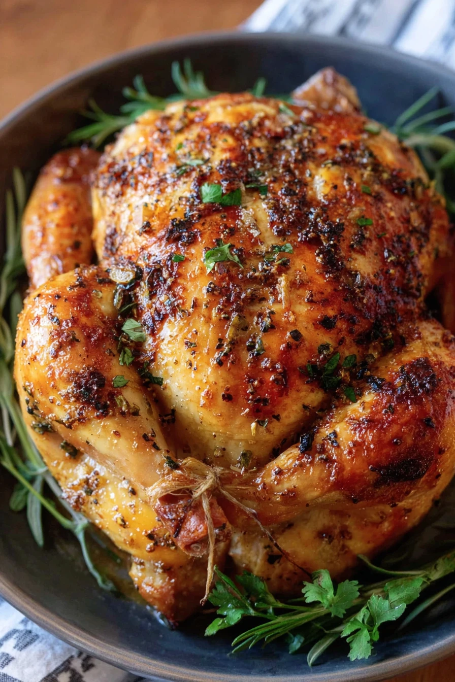 garlic butter roast chicken, savory, juicy, flavorful, succulent, aromatic herbs